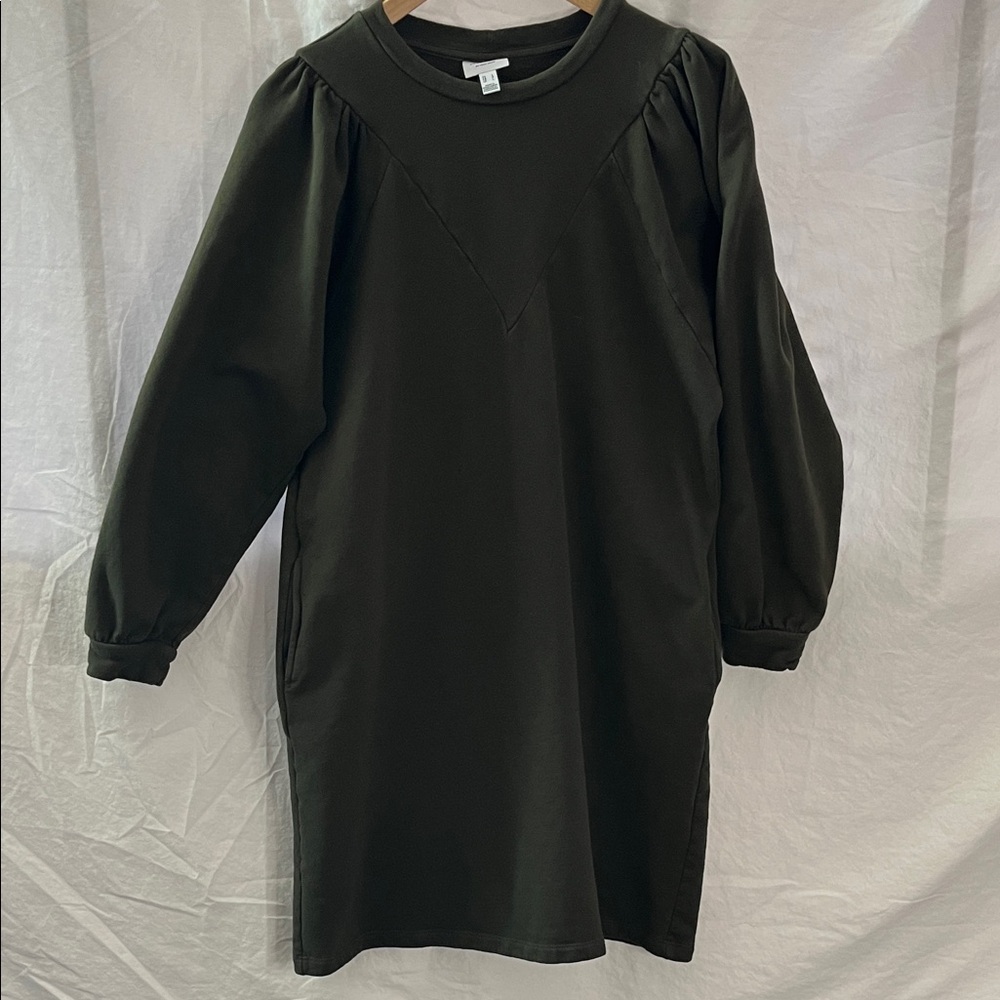 Aware Dark Olive Puff-Sleeve Long-Sleeve Dress with Pockets L